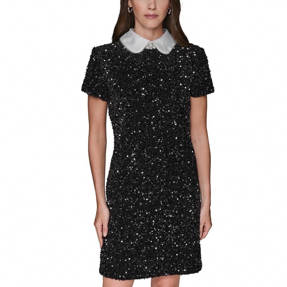 Karl Lagerfeld Paris Sequinned Collared Dress Black White Size 8 L5PBV939